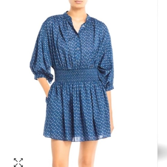 Rebecca Taylor Navy Blue Floral Long Sleeve x Material Smocked Waist Mini Dress - Picture 2 of 12